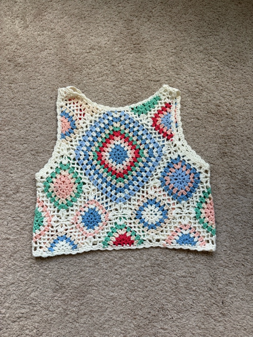 Altar'd State Cream Crochet Tank Top with Blue, Pink, Green & Red Motifs